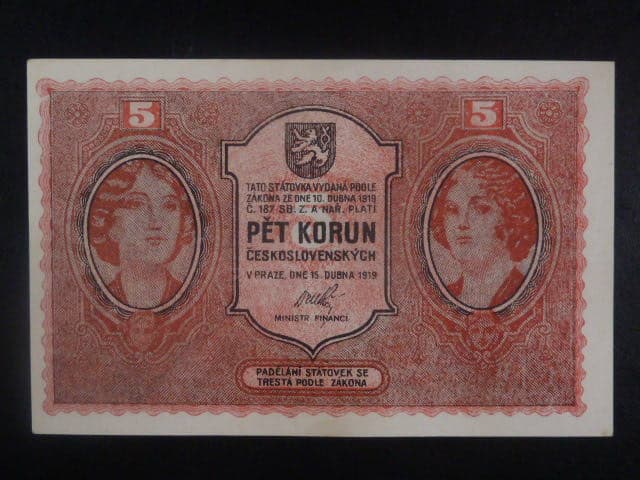 5 Kč 1919 série 0026 padělek typ.1 - padělatelská dílna Vídeň