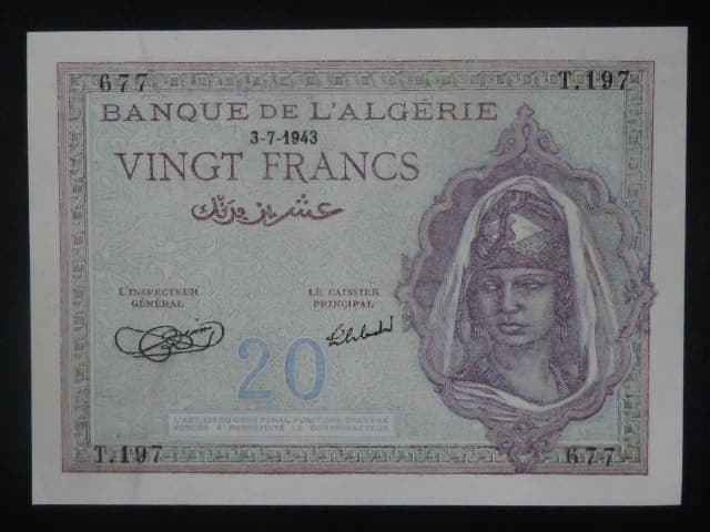 ALŽÍR, 20 Francs 3-7-1943, BNB. B135a, Pi. 92
