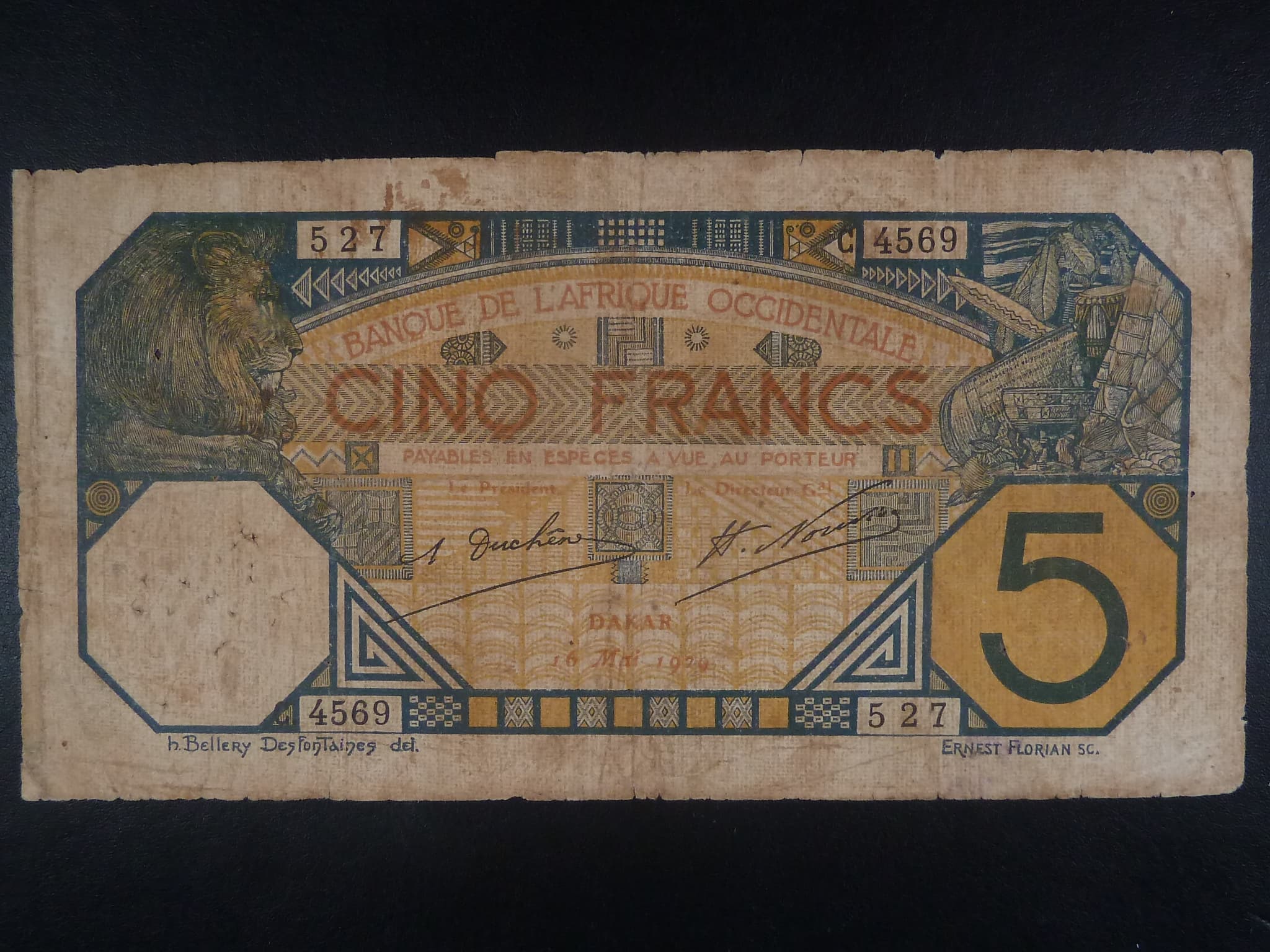 FRANCOUZSKÁ ZÁPADNÍ AFRIKA, 5 Francs 1929, Dakarská emise, BNB. B101Di2, Pi. 5B