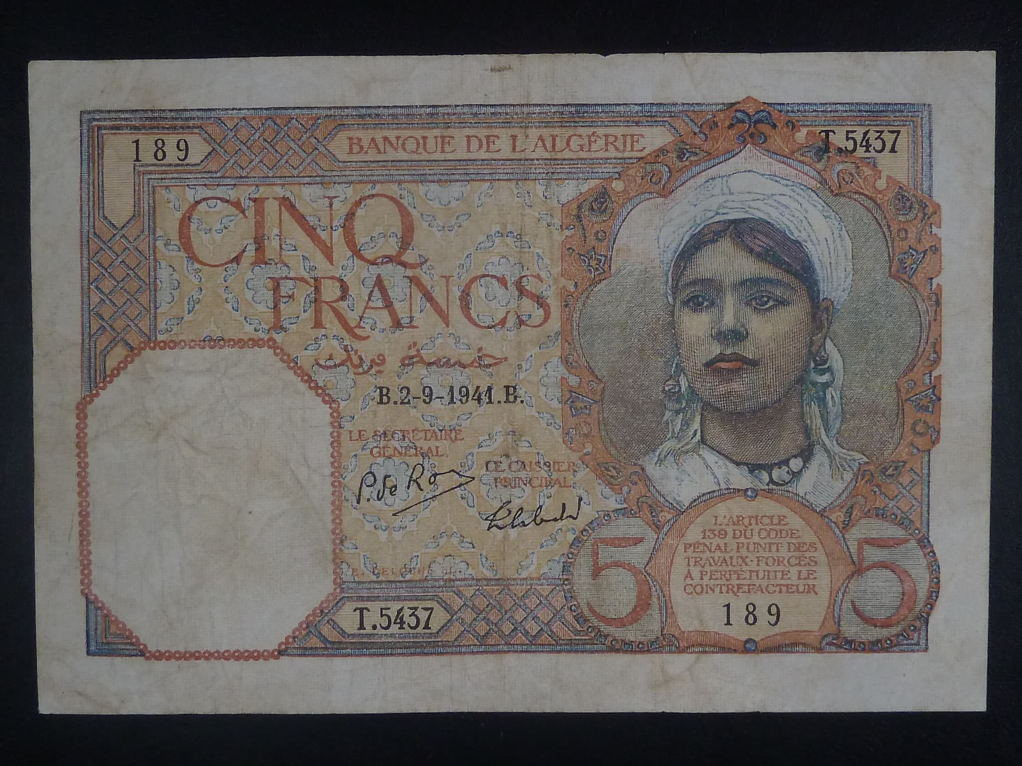 ALŽÍR, 5 Francs 2-9-1941, BNB. B123d, Pi. 77b