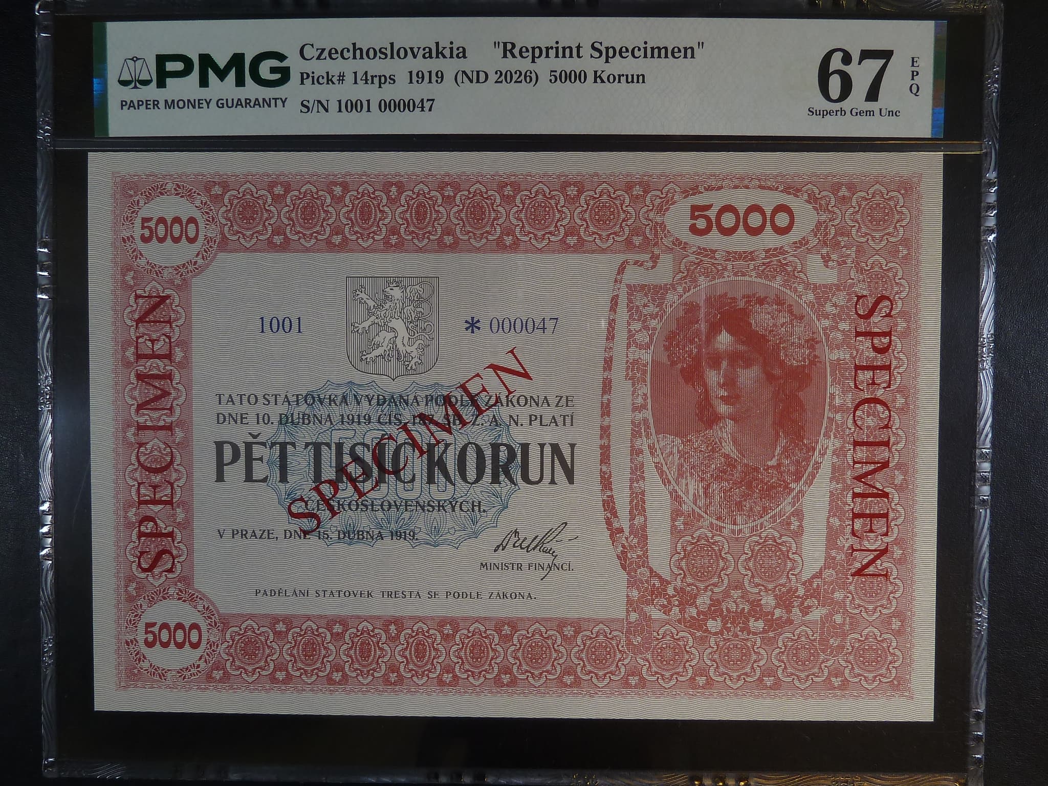 5000 Kč 1919 Novotisk s přetiskem Specimen - PMG 67, série 1, č. 47