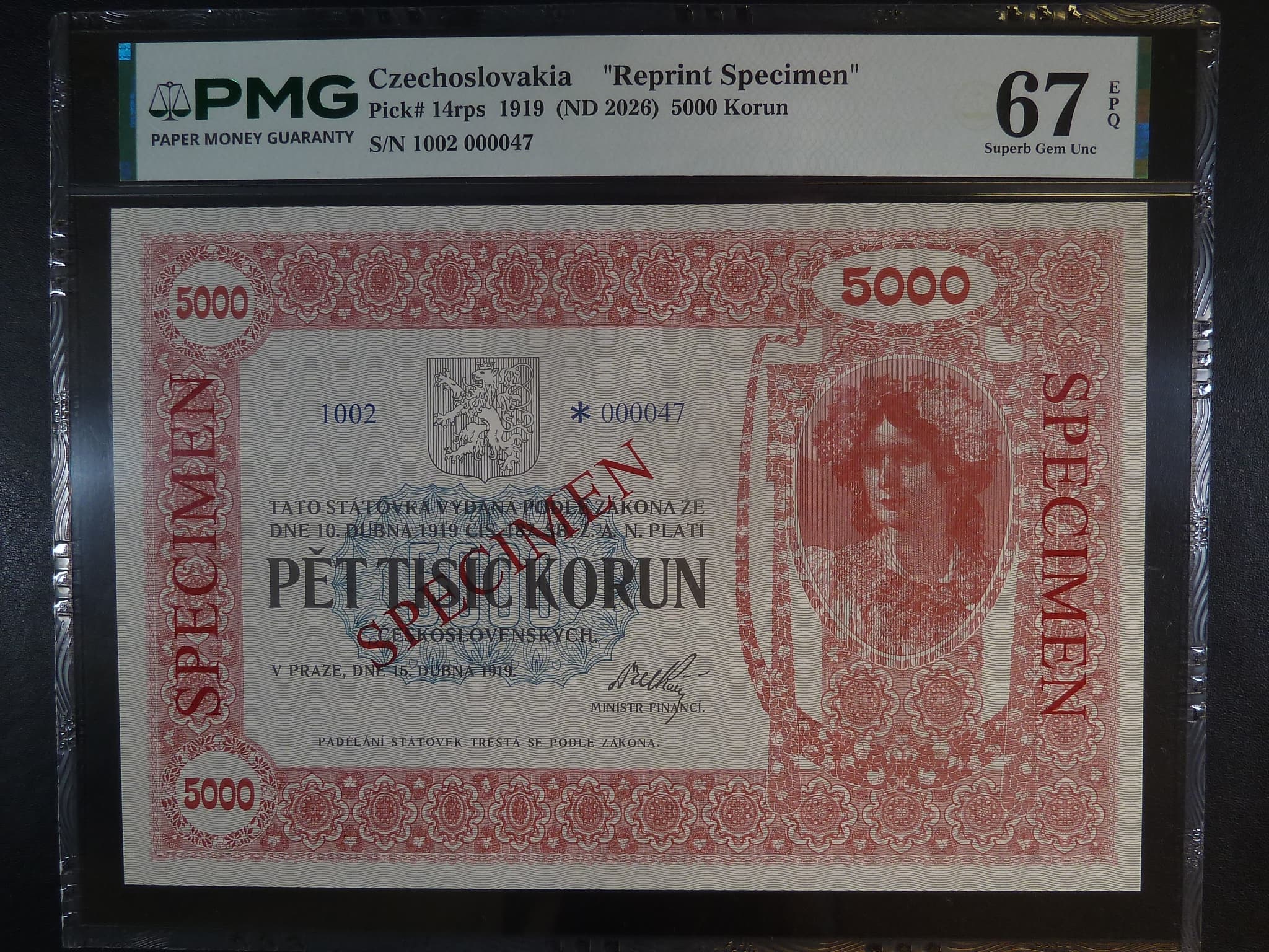 5000 Kč 1919 Novotisk s přetiskem Specimen - PMG 67, série 2, č. 47
