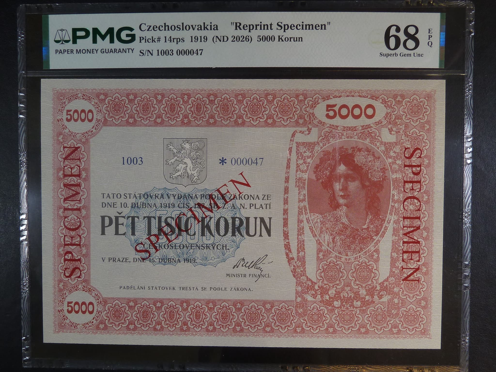 5000 Kč 1919 Novotisk s přetiskem Specimen - PMG 68, série 3, č. 47