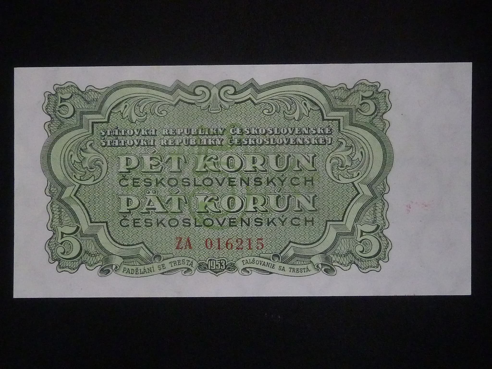 5 Kčs 1953 série ZA, tiskárna Goznak Moskva