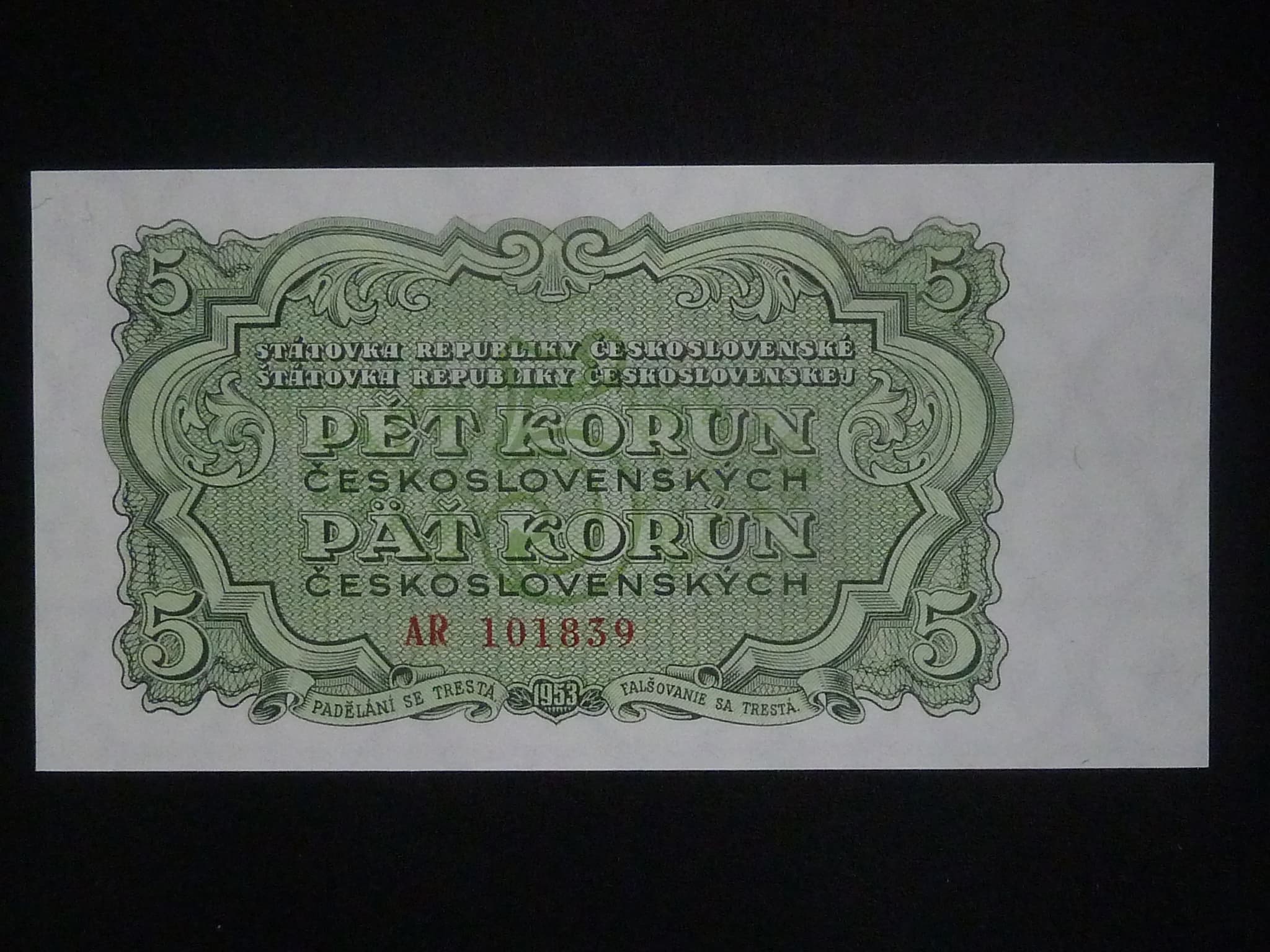 5 Kčs 1953, série AR posunutý číslovač, tiskárna Goznak Moskva
