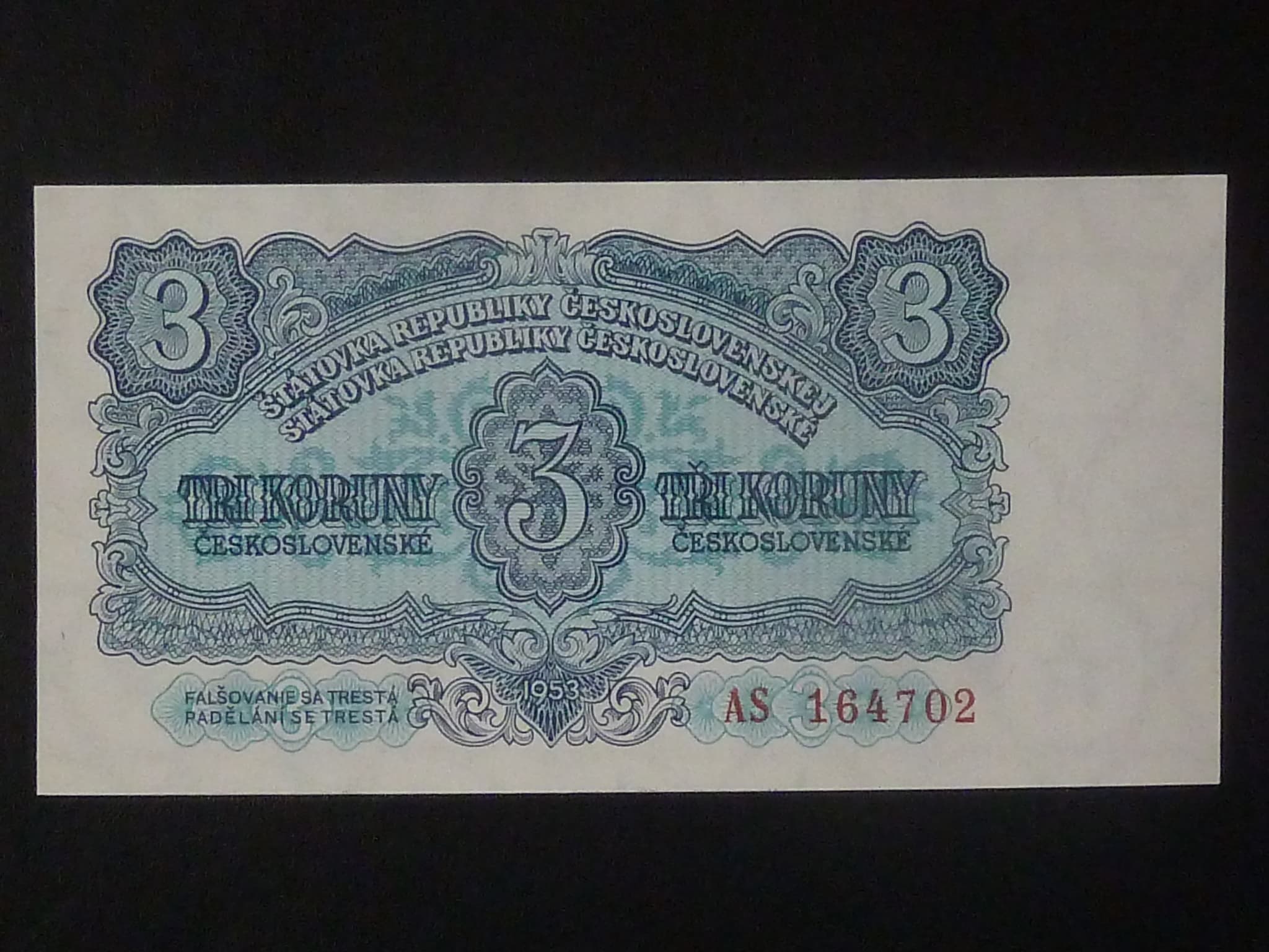 3 Kčs 1953 série AS, tiskárna Goznak Moskva