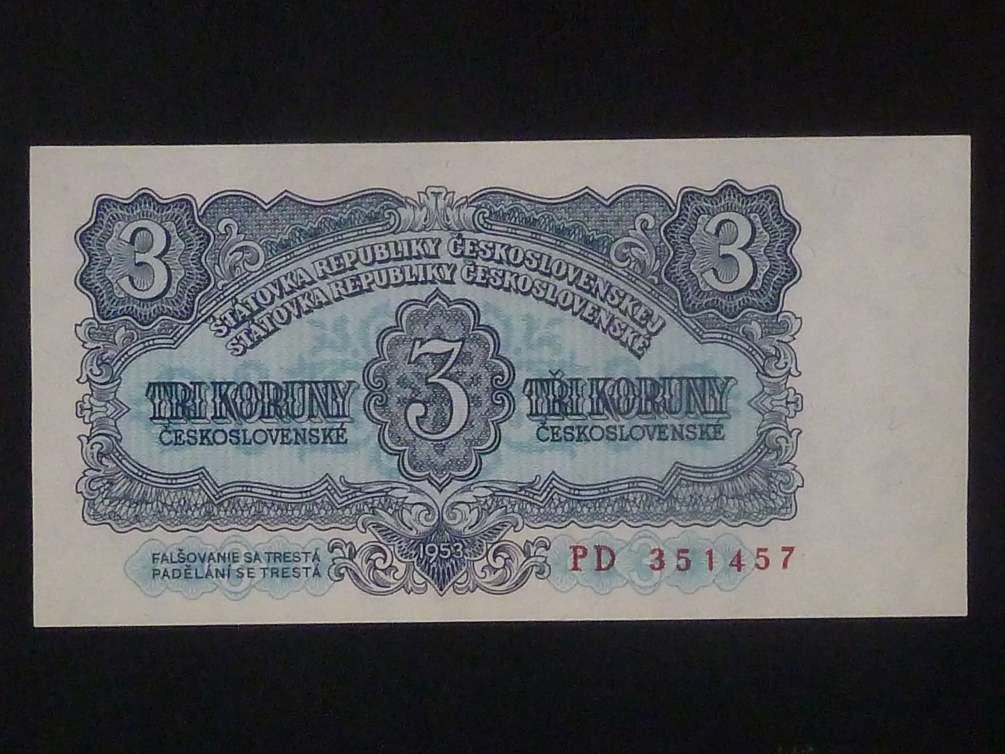 3 Kčs 1953 série PD, tiskárna STC Praha