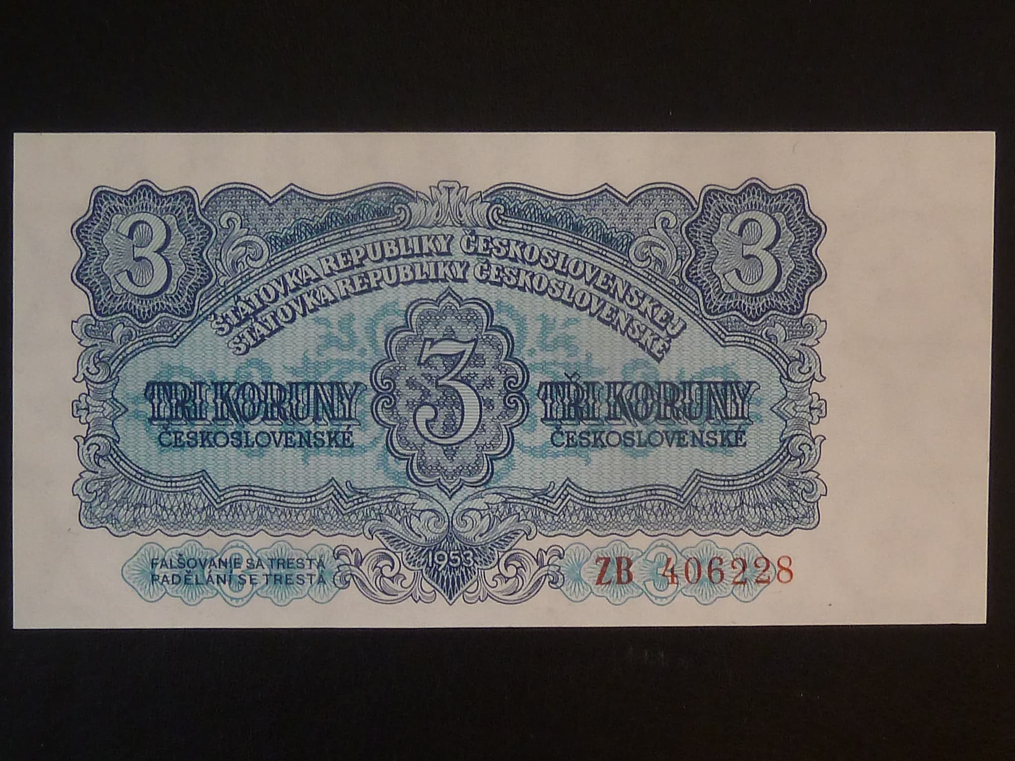 3 Kčs 1953 série ZB, tiskárna Goznak Moskva, náhradní série