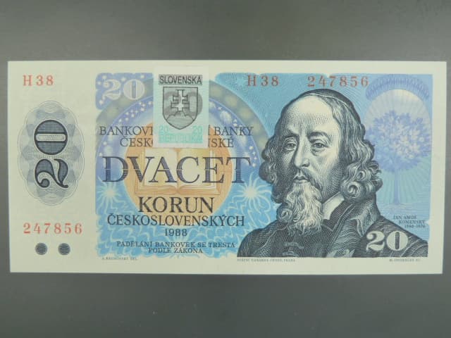 20 Sk/Kčs 1988 s. H 38, kolkovaná, Baj. SK 1, Pi. 15