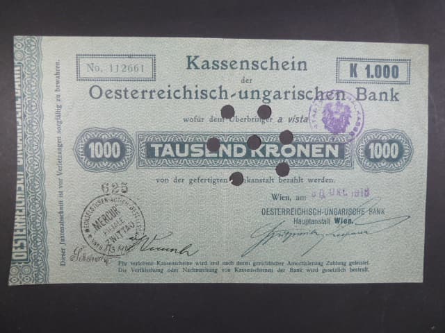 1000 K 1918 Kassenscheine "a vista", s bankovními raz. a perf. 7x otvor, Ri. 173a1, vzácný