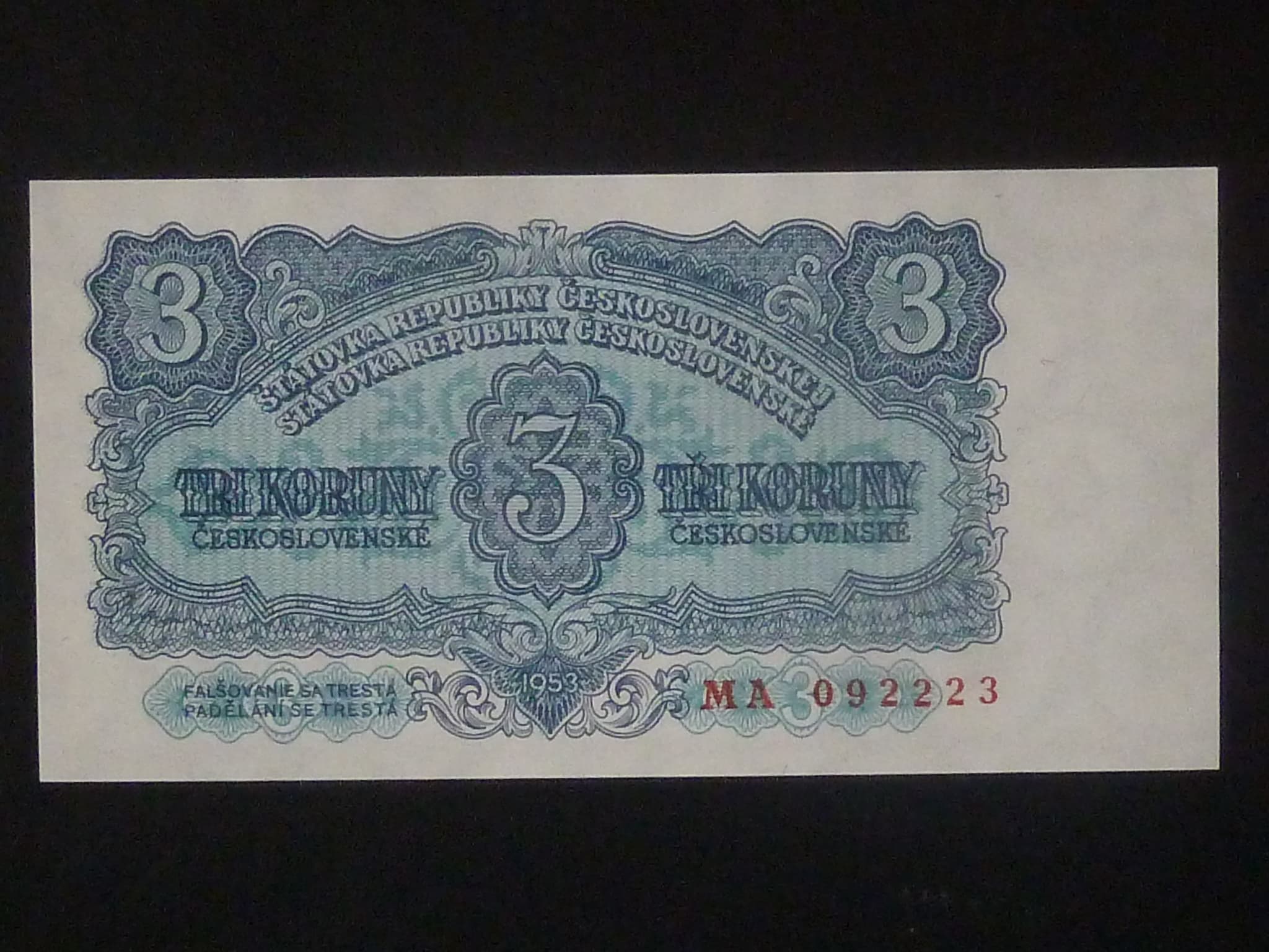 3 Kčs 1953 série MA, tiskárna STC Praha