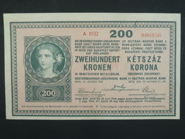 200 K 27.10.1918, serie A 1032, bez potisku na R