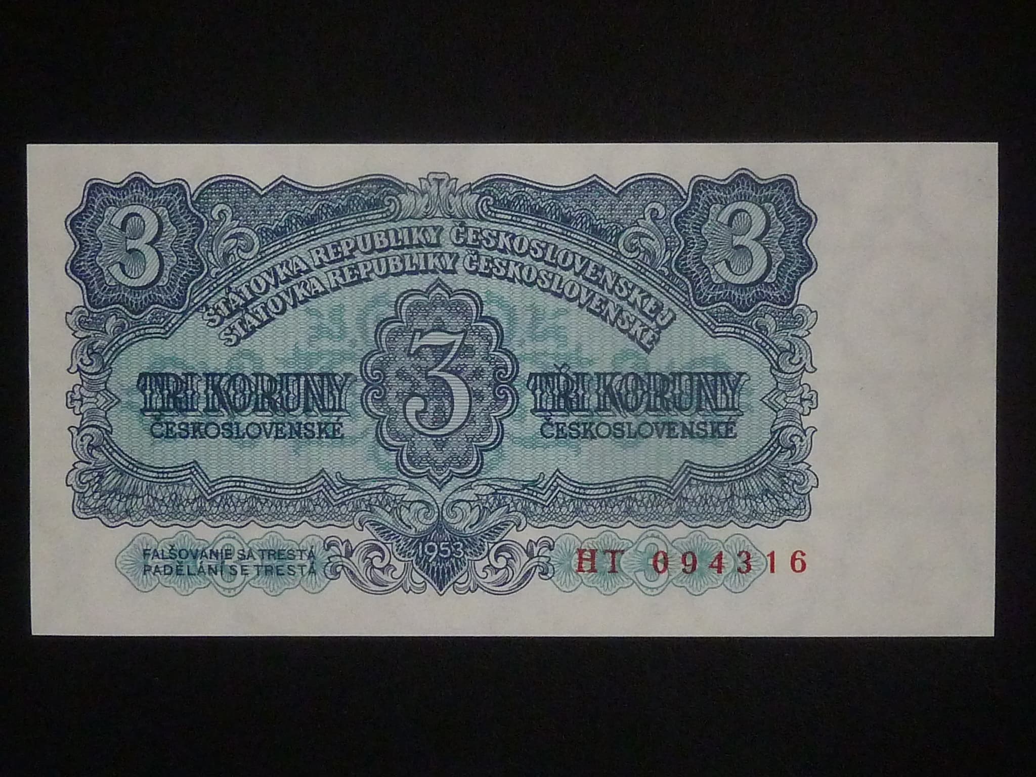 3 Kčs 1953 série HT, tiskárna STC Praha