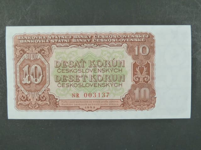 10 Kčs 1953 série NR, tiskárna STC Praha