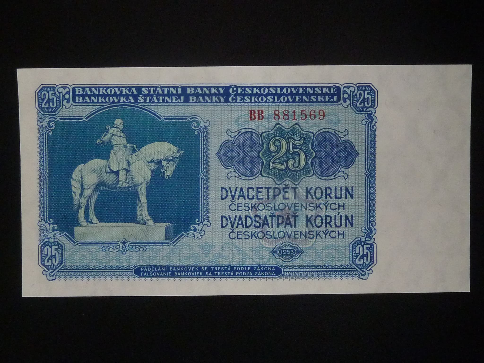 25 Kčs 1953 série BB tmavě modrá, tiskárna Goznak Moskva