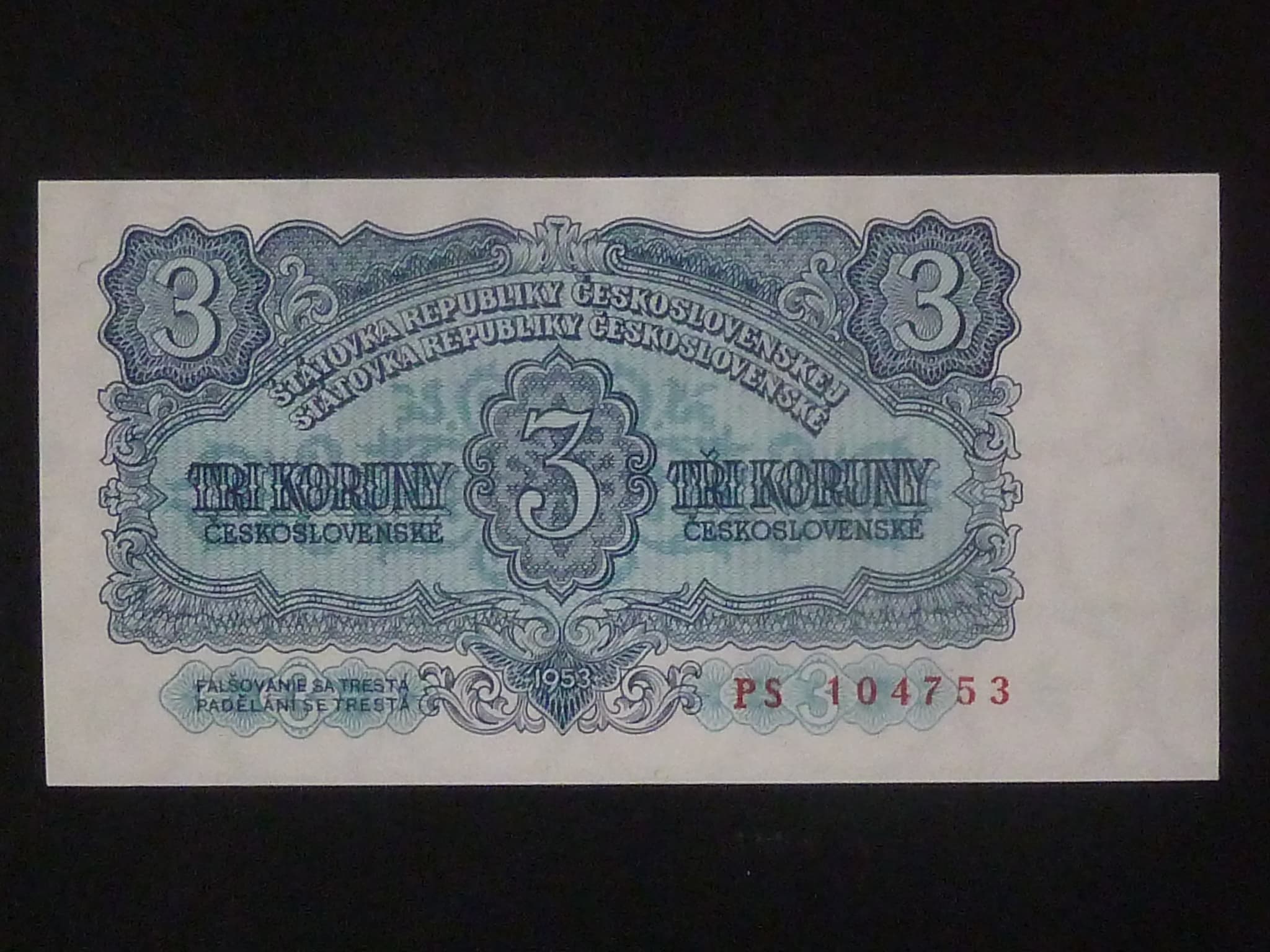 3 Kčs 1953 série PS, tiskárna STC Praha