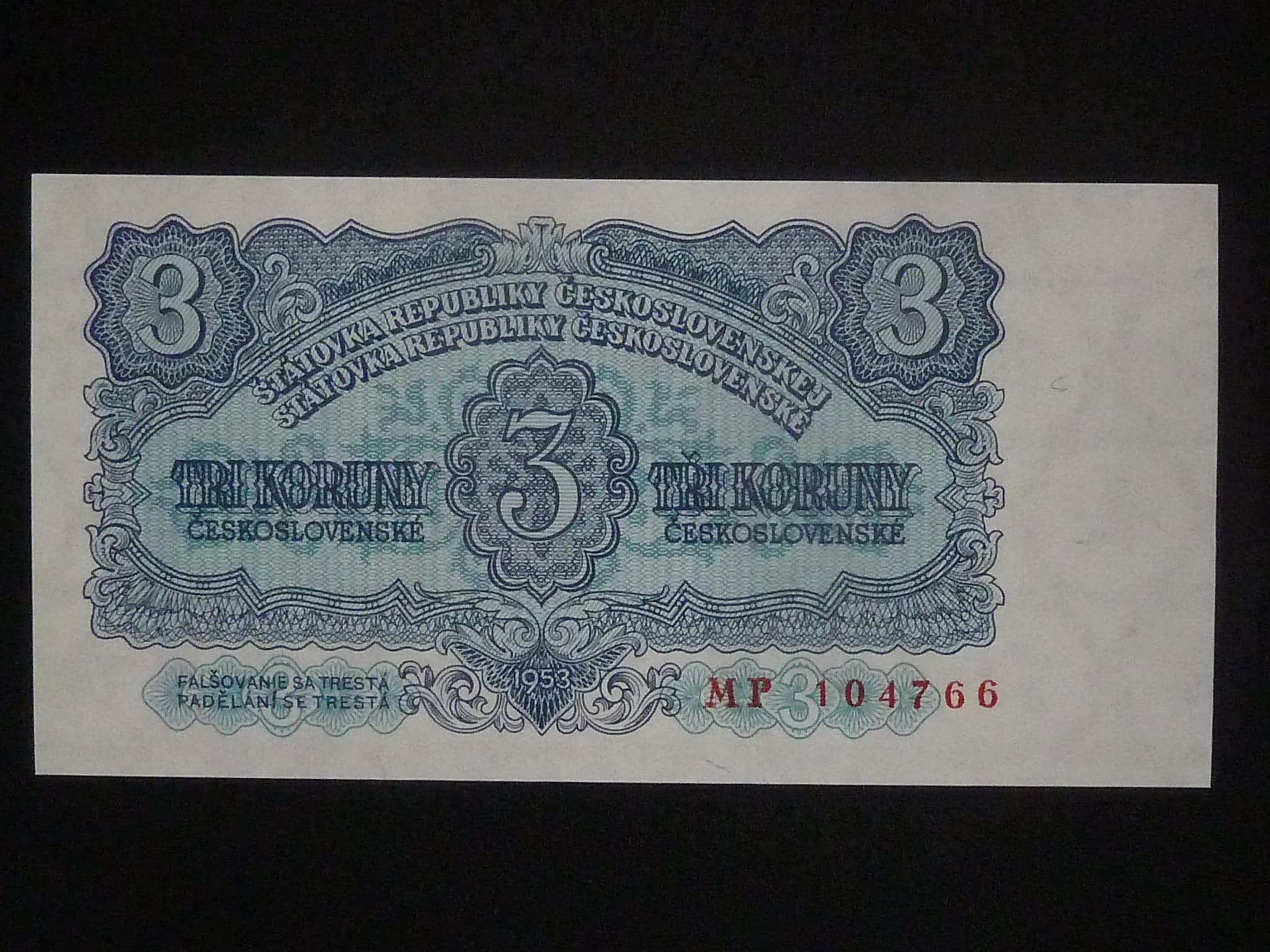 3 Kčs 1953 série MP, tiskárna STC Praha
