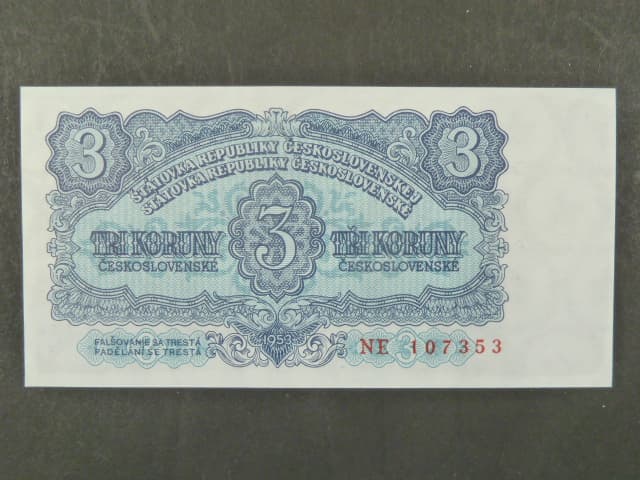 3 Kčs 1953 série NE, tiskárna STC Praha