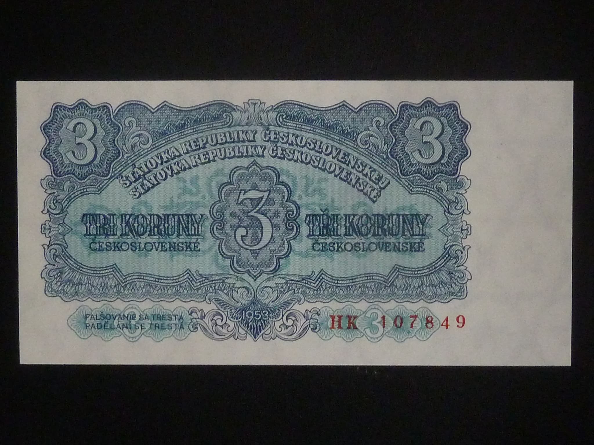 3 Kčs 1953 série HK, tiskárna STC Praha