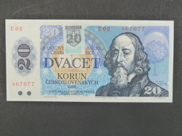 20 Sk/Kčs 1988 s. E 02, kolkovaná, Baj. SK 1, Pi. 15