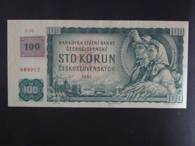 100 Kč 1961 s. C 63, kolek, vodoznaková výztuž na líci, chybotisk - posun obrazu o 5mm doprava