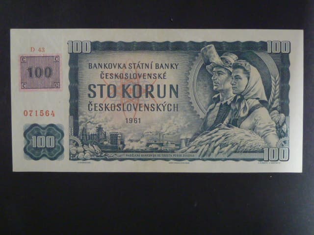 100 Kč 1961 s. D 43, kolek, vodoznaková výztuž na líci