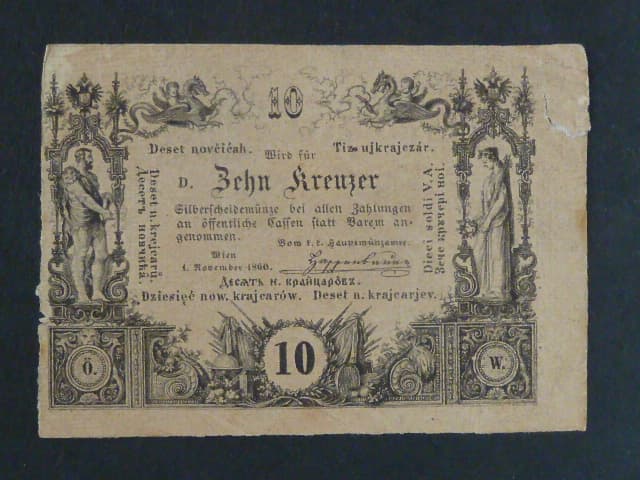 10 Kr 1.11.1860 série D, natržený roh, průsvitka "KK"