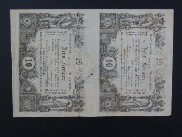 20 Kr (2x 10 Kr) 1.11.1860 série A, svislá dvoupáska, průsvitka KKA"