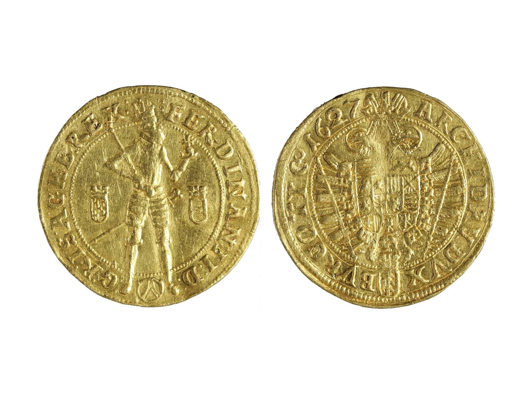 2 dukát 1627 Vídeň, Mathias Fellner, mírně zvlněn, zbytky rl, Nov. 66, Fried. 169