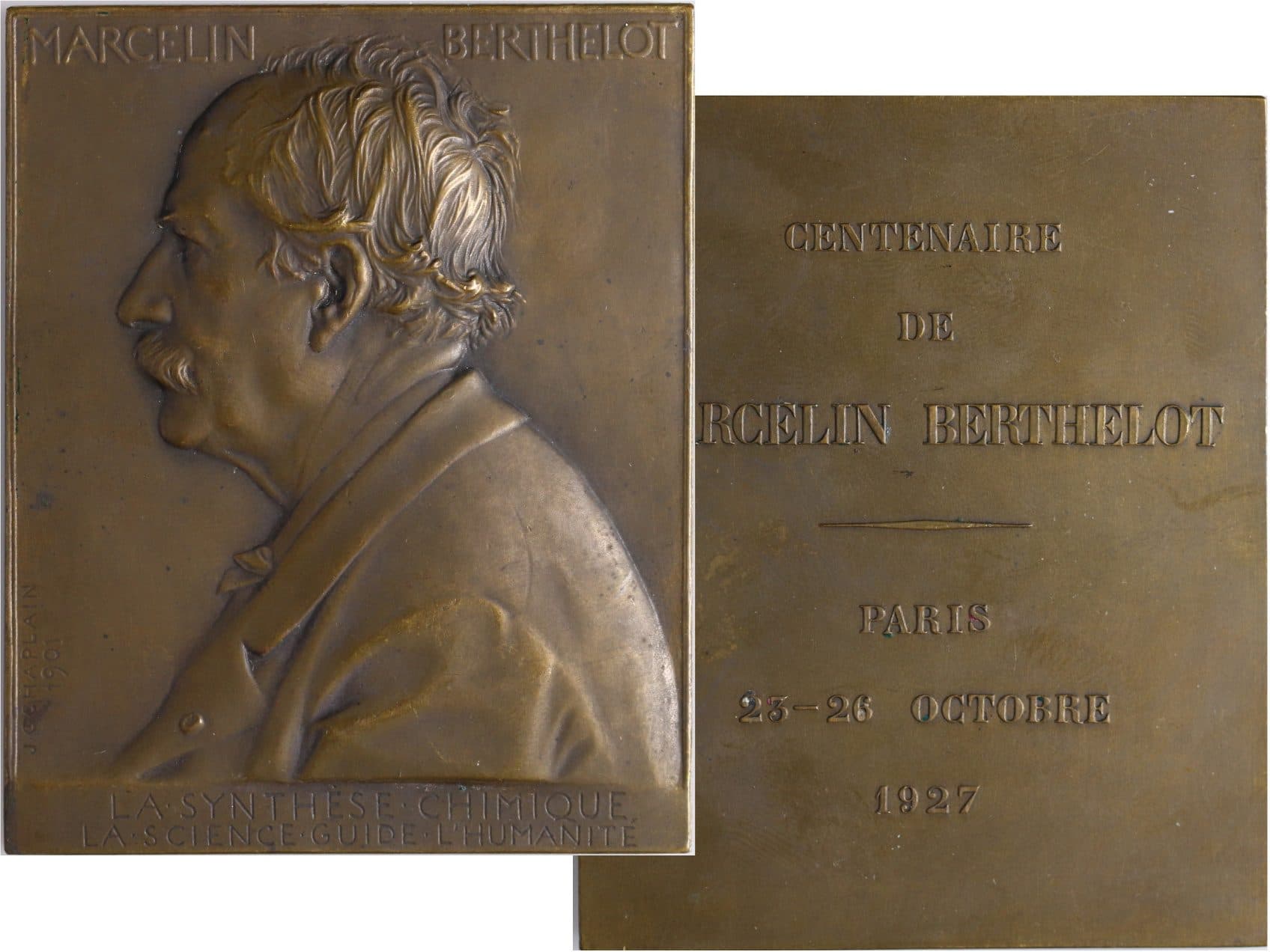 J. C. Chaplain 1839-1909 - AE medaile 70 x 57 mm, Marcelin Berthelot (1827-1907), franc. chemik a politik, sign. 1901/1927
