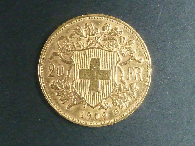 Švýcarsko - 20 Frank 1909 B, 6,451g, Au 0.900