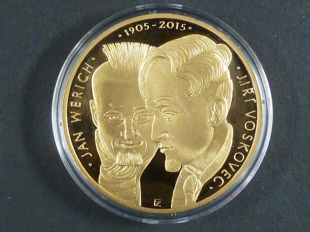 Niue Island, 100 Dollars 2015 Voskovec a Werich, Au 999,9, 92,2g, 2 OZ, náklad 200 ks, Česká mincovna, etue, certifikát