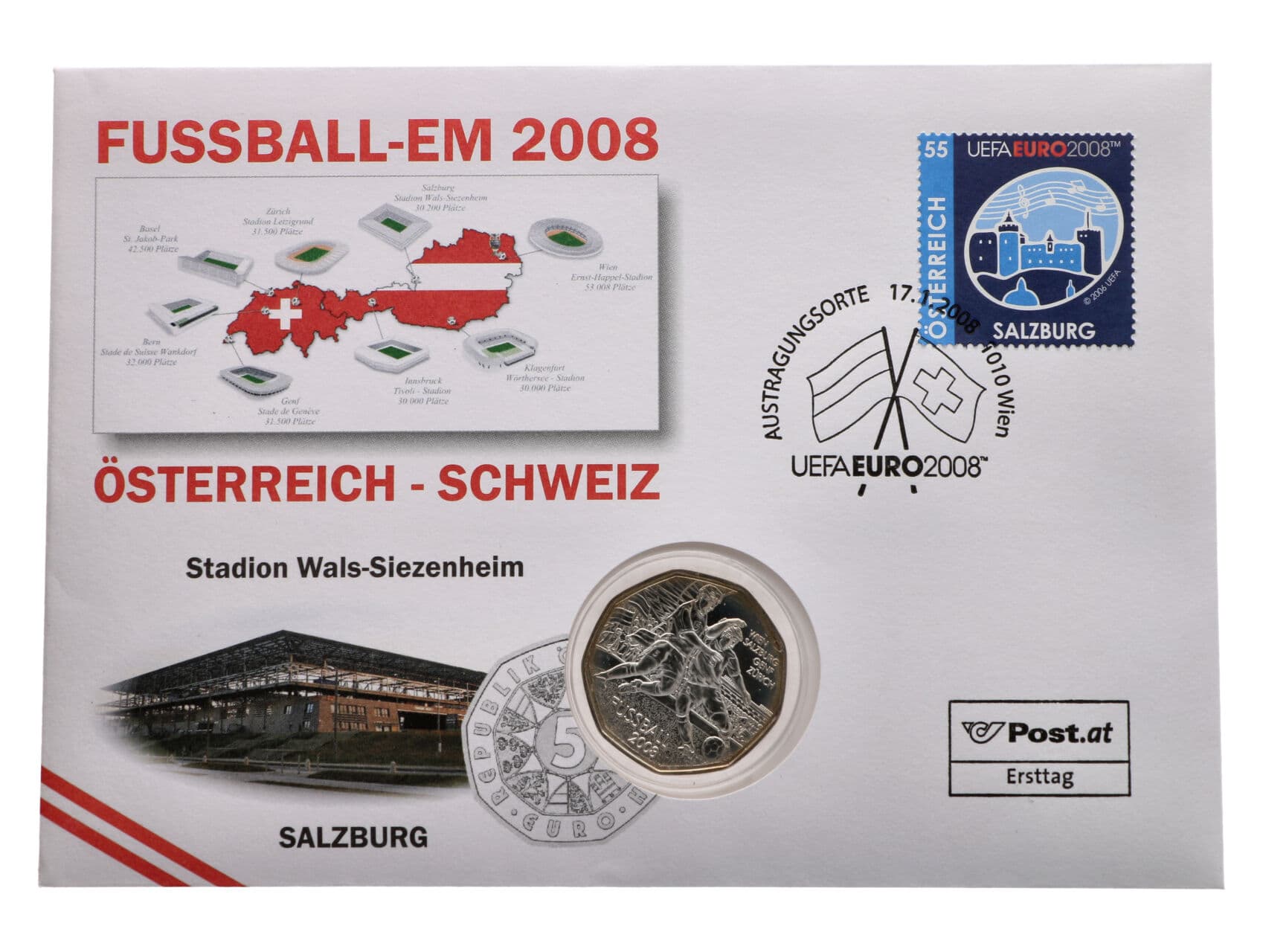 5 Euro 2008 Fussball-EM 2008 Salzburg, 0.800 Ag, 10g, mincovní dopis_