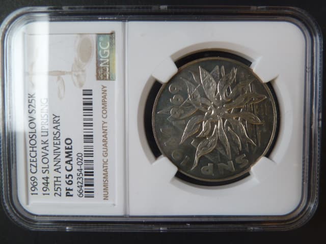 25 Kčs 1969, 25. výročí Slovenského národního povstání, NGC PF65 CAMEO