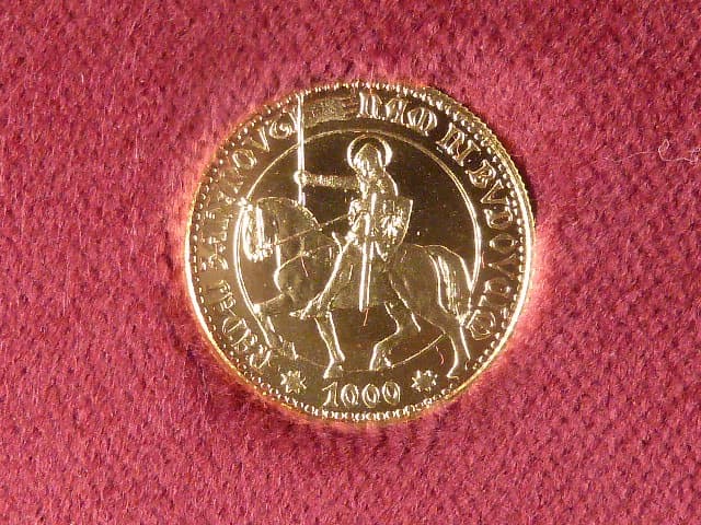 Jubilejní Svatováclavské dukáty, Dukát prvoražba z návrhu Jana Čejky z r. 1923 sv. Václav na koni, Au 0.986, 3.49 g, náklad 400 ks, číslované, č. 116, etue, certifikát
