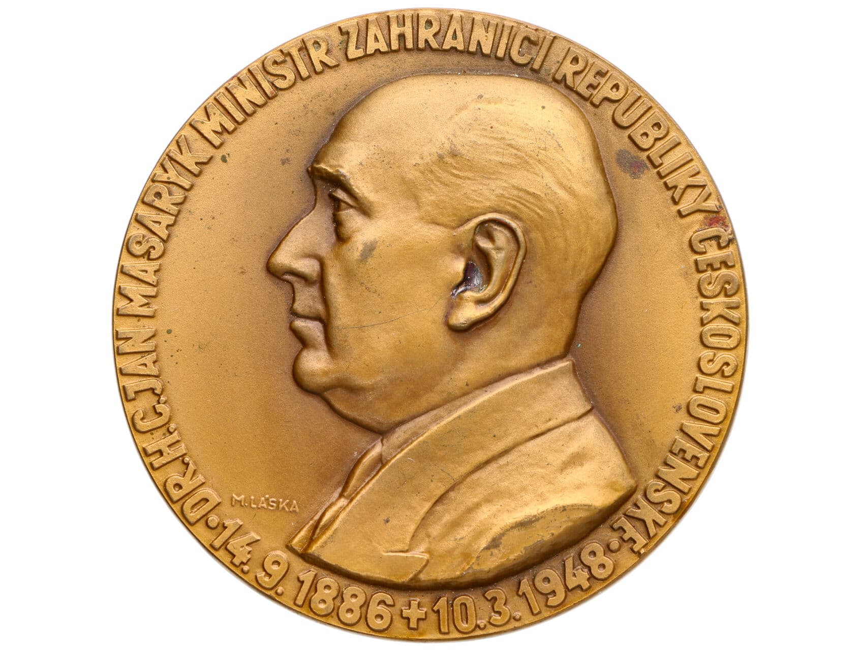 ČNS - pobočka v Brně - AE medaile Dr. h.c. Jan Masaryk 1948. Poprsí zleva, opis / budova právnické fakulty v Brně, opis, text. Bronz 60 mm, 97,71 g, signováno M. Láska, F.A2/1b_