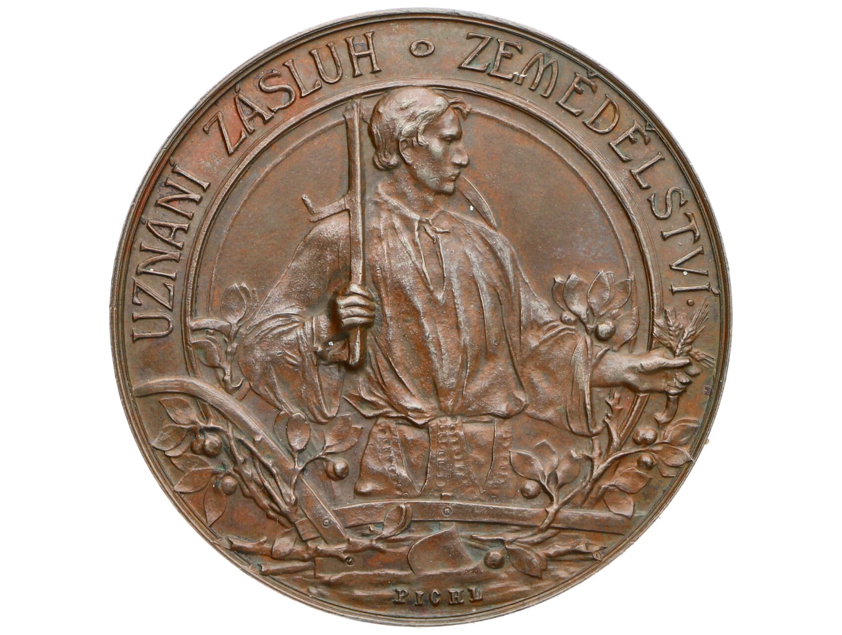 Záslužné - AE medaile b.l., Uznání zásluh zemědělství, Zemědělské rady pro markrabství Moravské, Český odbor. Bronz, 45 mm, 37.13 g, značeno PICHL