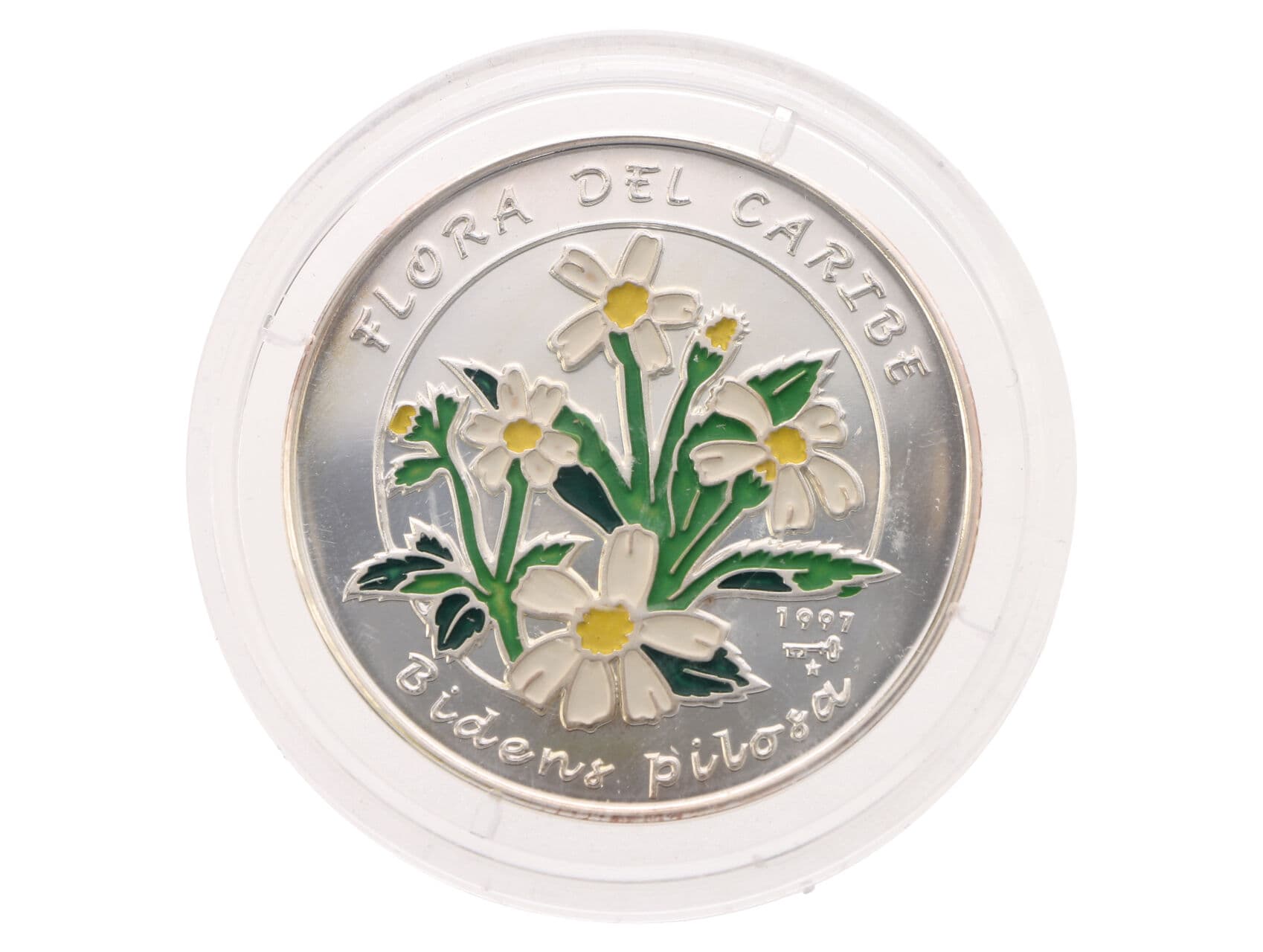 10 Peso 1997 - Flóra Karibiku - Dvouzubec chlupatý (Bidens pilosa), 15g, 0.999 Ag, náklad 2950ks_