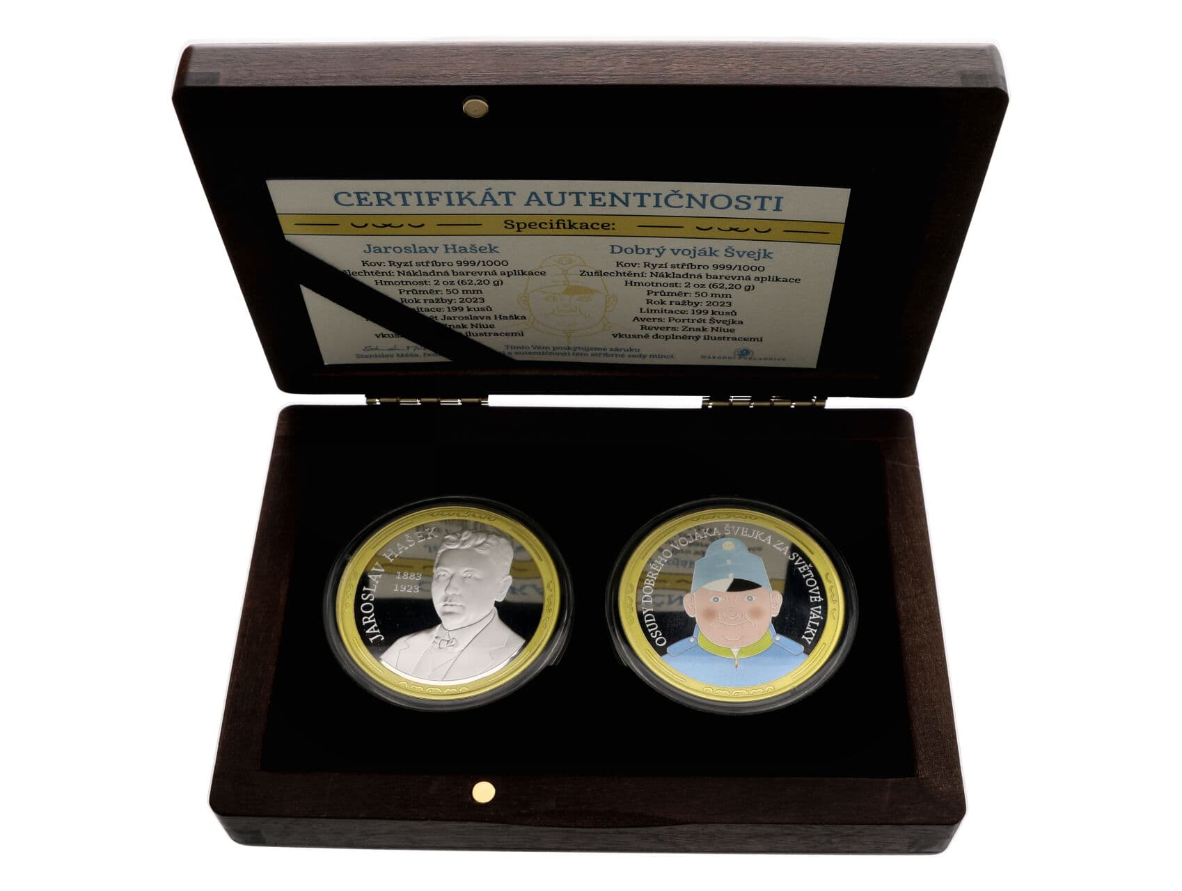 2x 5 Dollar 2023 - Jaroslav Hašek a Dobrý voják Švejk, 2 Oz, 0.999 Ag, náklad 199 kusů, číslováno na hraně 028/150, uloženo v dřevěné etui_