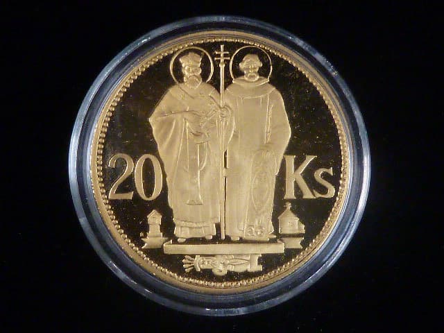 Au (0,986, 17,55g) replika slovenské 20 Ks 1941 Cyril a Metod, náklad 15 ks, certifikát, dřevěná etue