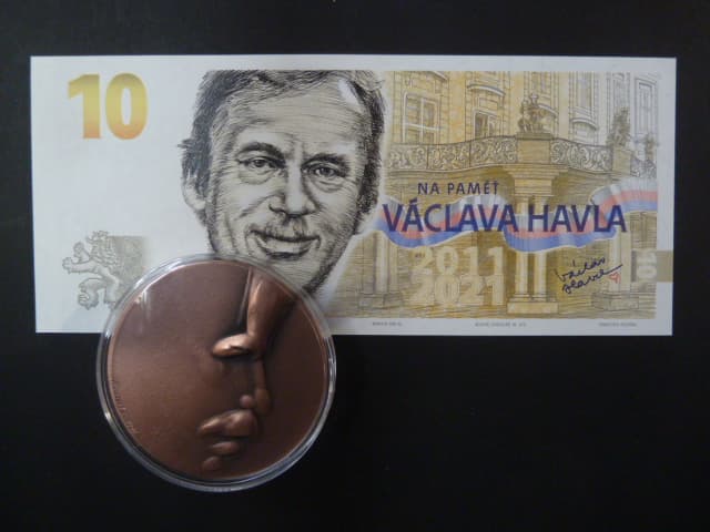 Cu pamětní medaile Šejnost + Pamětní tisk ve formě bankovky měděným přítiskem na počest prezidenta Václava Havla, náklad 170 ks, série V