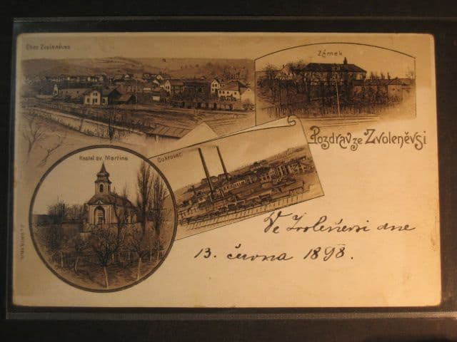 Zvoleněves, čb. vícezáběrová litograf. pohl., prošlá 1898