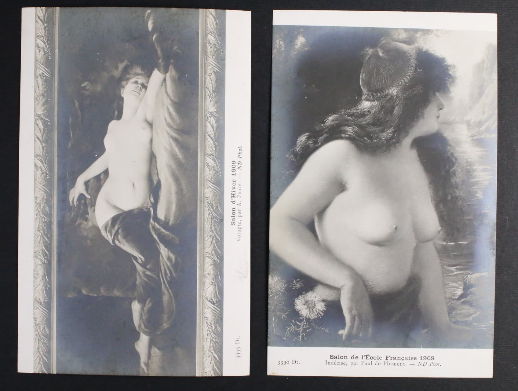 Akty - dvě jednobar. francouzské pohlednice Salon de L Ecole Francaise resp. Salon d Hiver 1909, nepoužité, lux. kvalita