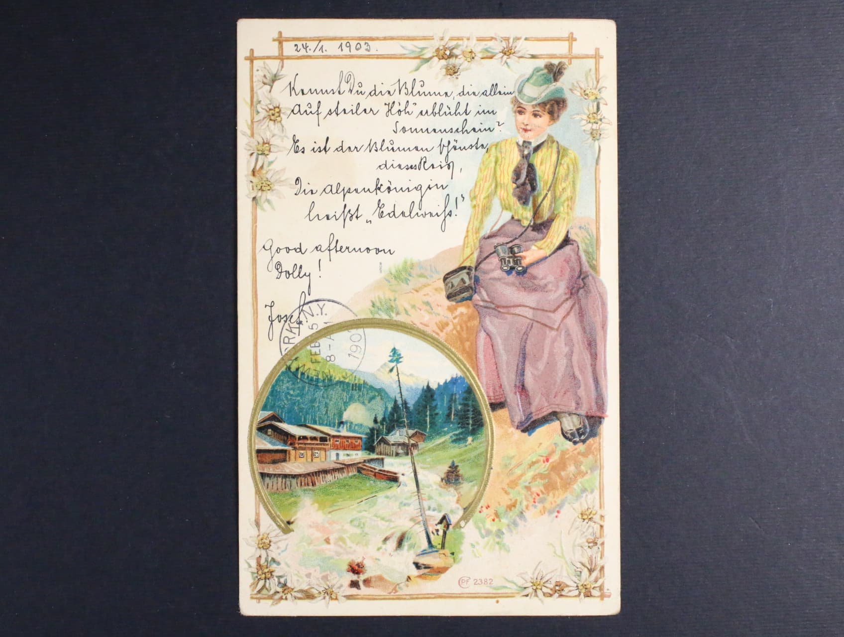 Reliefní barevná litografie s motivem přírody, dl. adresa, poslaná v r. 1903 do USA