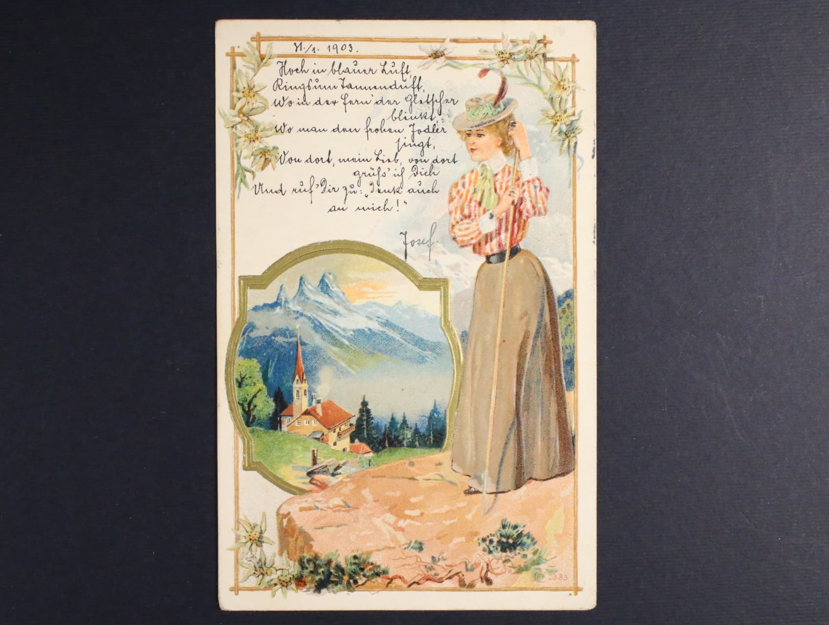 Reliefní barevná litografie s motivem přírody, dl. adresa, poslaná v r. 1903 do USA
