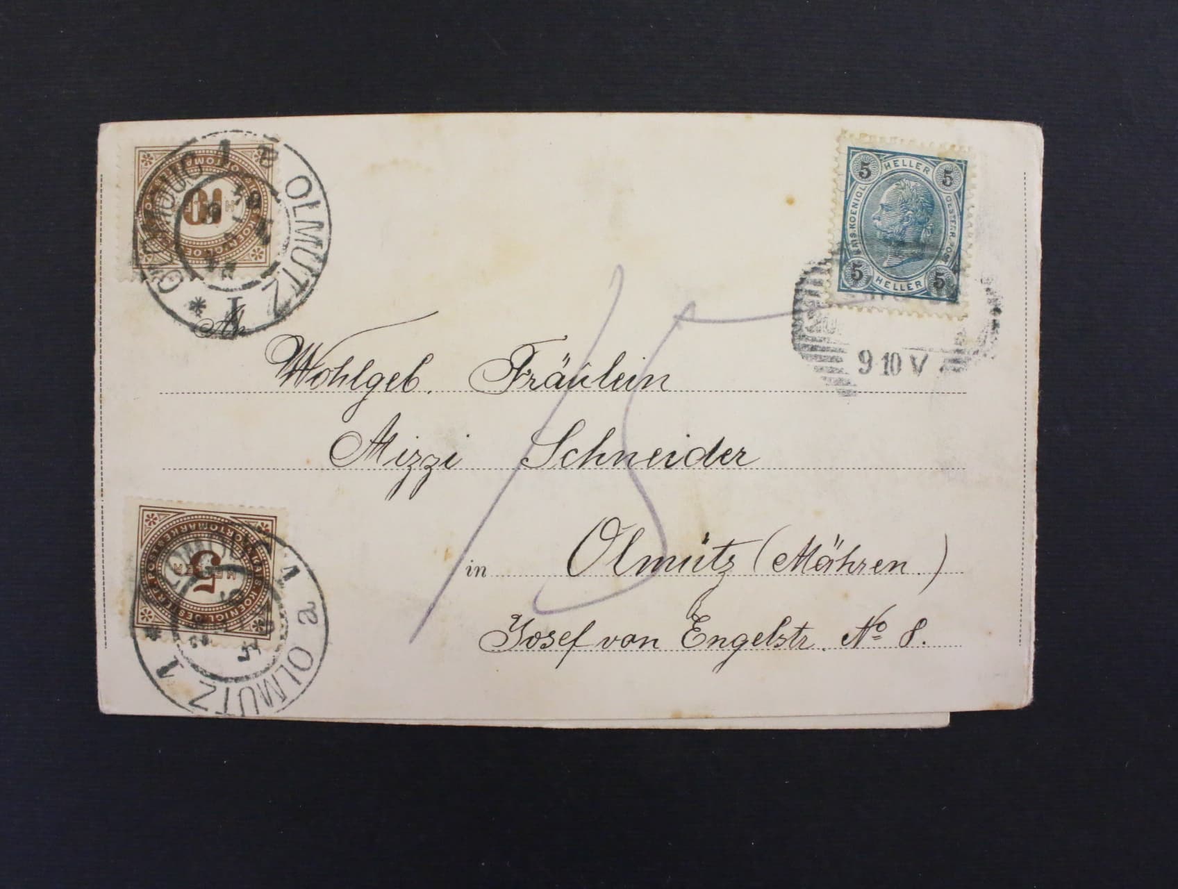 třídílná bar. litograf. pohl. Wien, dl. adresa, použitá 1904