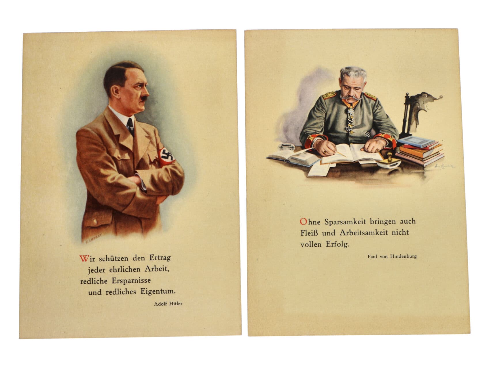 sestava 4 ks bar. litograf. s výroky význačných vojevůdců (Fürst von Bismarck, Jakob Fugger, Paul von Hindenburg, A.H.), nepoužité s pam. raz., lux. kvalita