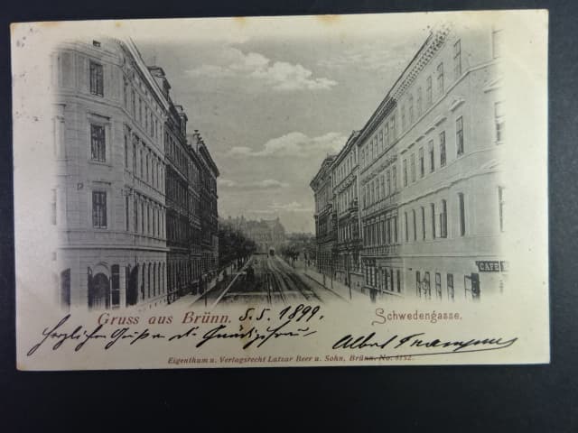 Brno - Hradební ulice (Basteigasse) dnes Roosveltova - Švédská (Schwedengasse), prošlá 1899