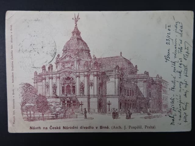 Brno - Malinovského nám. (Theaterplatz) návrh na Zemské divadlo, prošlá 1902
