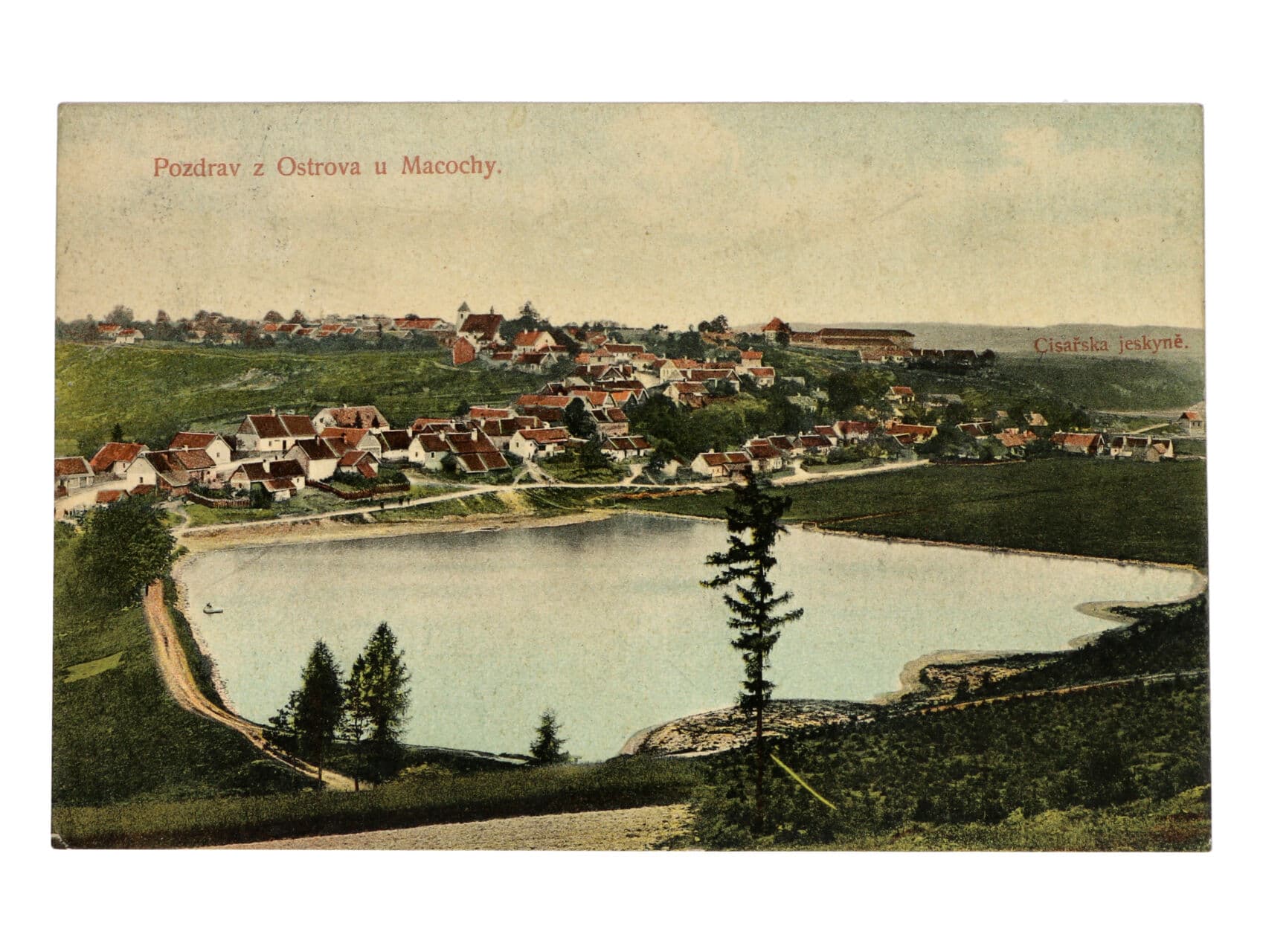 Ostrov u Macochy, okr. Blansko - bar. pohlednice, použitá 1908